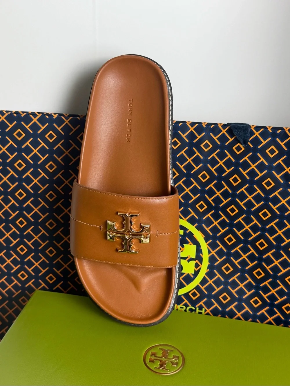 Tory Burch Tan Leather Slide with Gold Logo